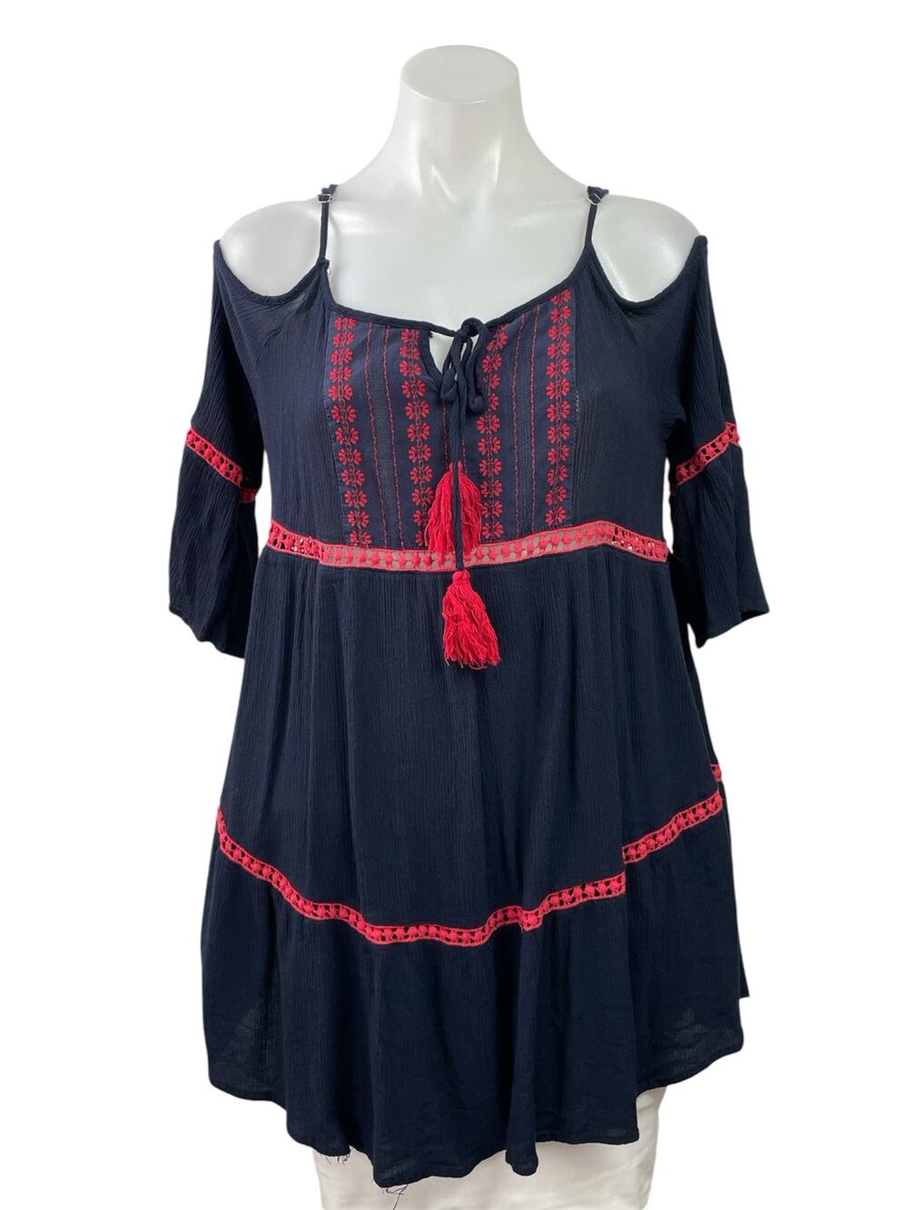 Entro Navy Blue Red Tassel Cold Shoulder Lace Boho A Line Mini Dress Size M